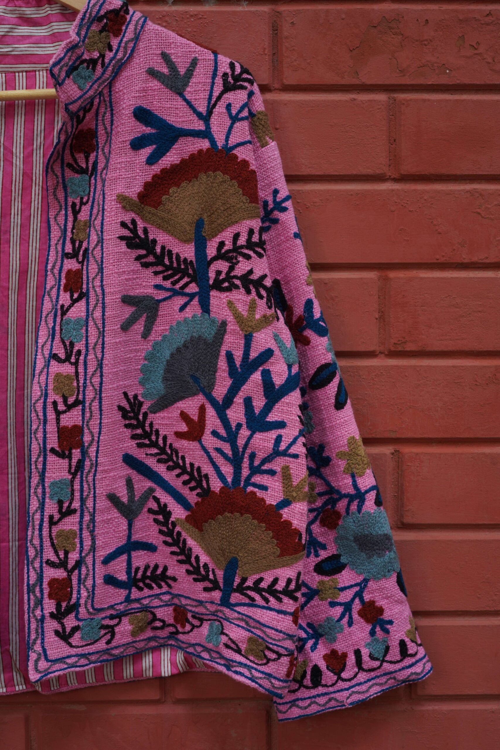 Womens Pink Velvet Embroidered Jacket with Floral Design - Image 4