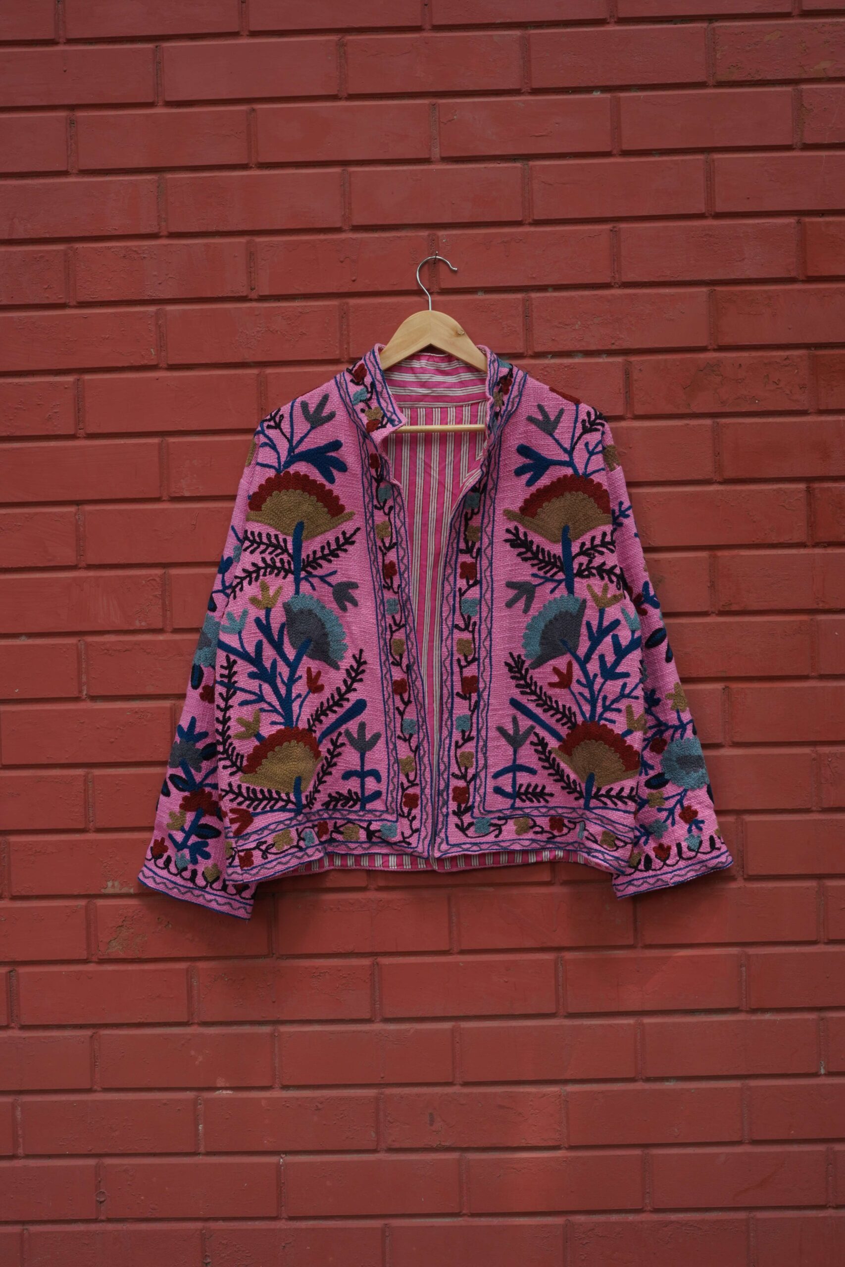 Womens Pink Velvet Embroidered Jacket with Floral Design - Image 8